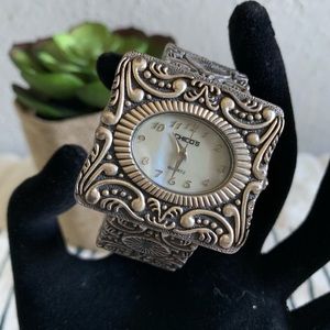 Chicos silver engraved cuff watch